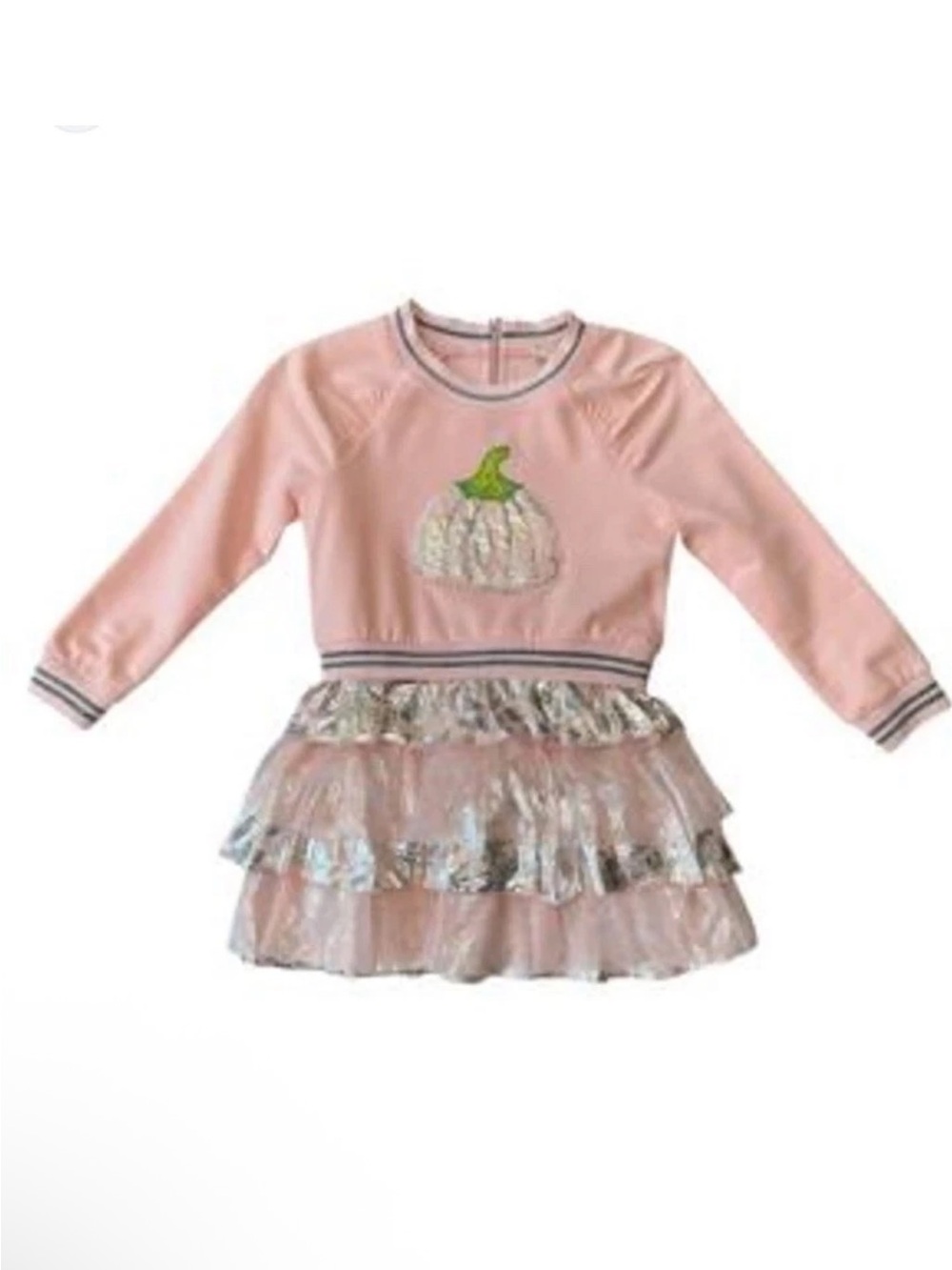 Truly Me Pink Long-Sleeve Tulle Ruffle Dress with Pumpkin Appliqué
